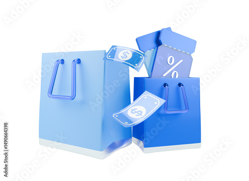 3d icon  shopping bag with discount coupons and dollar bills.