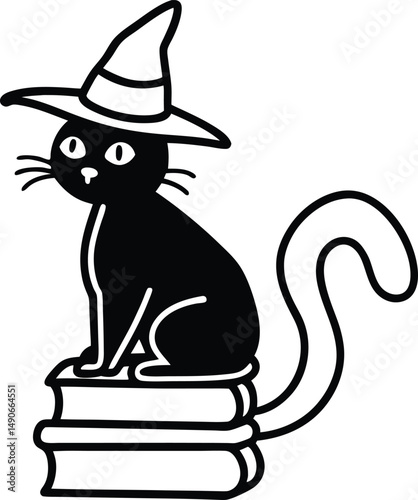 Black Cat in Witch Hat Sitting on Books – Magical Halloween Coloring Illustration