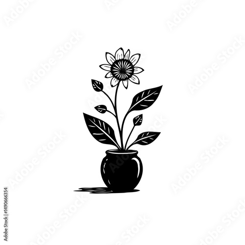 Minimalist floral illustration: Black and white sunflower in a classic pot