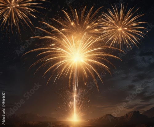 Golden fireworks explode, illuminating night sky ,  light,  dark