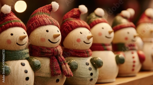 Festive snowman figurines with red and green knitted hats and scarves display