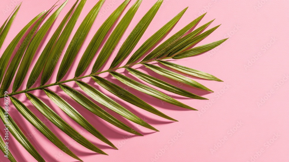 Fototapeta premium Green Palm Leaf on Pink Background for Nature, Decoration, and Design Concepts