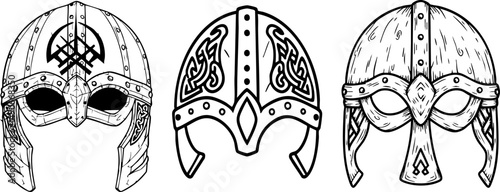 Black and white line drawing shows three different helmets with unique ornamental patterns great for historical and creative projects.