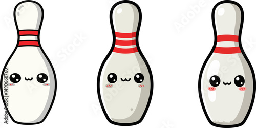 Three bowling pins with adorable cartoon faces stand neatly in a row against a white backdrop Great for party invitations or kids activities.