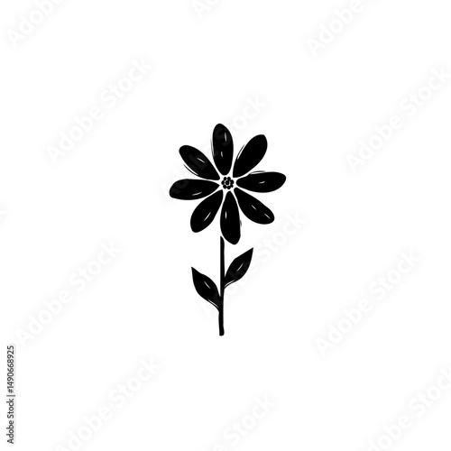 Isolated monochrome floral element exhibiting a stylized blossom and stem