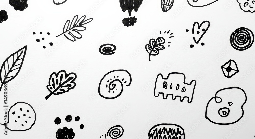 Fototapeta premium Simple Black and White Doodle Pattern - A cheerful pattern of hand-drawn black doodles on a white background, featuring leaves, swirls, and abstract shapes. Perfect for backgrounds, textiles