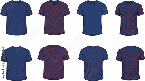 Illustration of different t-shirt mockups showing front and back views in solid color and pattern options Great for fashion design and presentation.