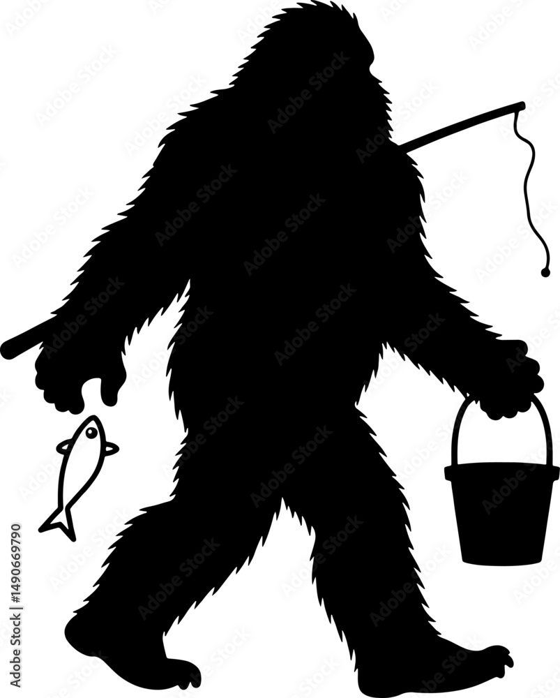 Fototapeta premium Bigfoot Silhouette Fishing with Catch on white background