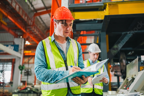 Wallpaper Mural Engineers in high-visibility vests inspecting industrial control systems in modern factory, ensuring automation robotics, intelligent operations run under safety protocols, technical supervision Torontodigital.ca