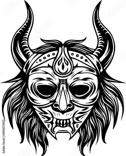 SVG of a flaming skull tattoo in dark art style. Intricate Black and White Samurai Mask Design with Horns and Detail