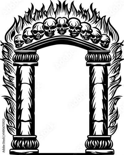 SVG of a flaming skull tattoo in dark art style. Halloween themed archway design with skull accents and flames