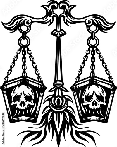 SVG of a flaming skull tattoo in dark art style. Dark Symbol of Justice with Skull Balances and Intricate Design