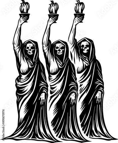 SVG of a flaming skull tattoo in dark art style. Three Mysterious Figures Holding Torches in Dark Art Style