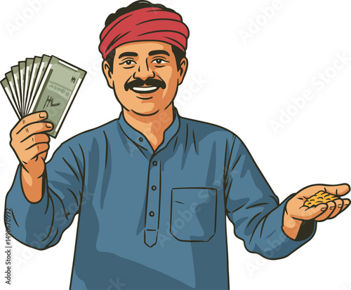 Indian farmer with money and grains vector illustration