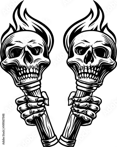 SVG of a flaming skull tattoo in dark art style. Dual Torches Held by Skeletal Hands with Fiery Flames Above Skulls