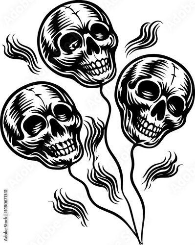 SVG of a flaming skull tattoo in dark art style. Artistic Illustration of Three Skull Balloons for Halloween Theme