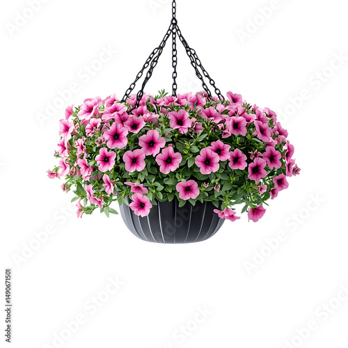 A pot of petunias in full bloom, hanging from the ceiling isolated on a transparent background, in a PNG format