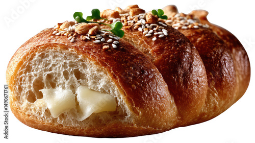 Sesame and Nut Bread with Cheese: A soft, crusty roll, delicately sliced, revealing a creamy filling and a crunchy topping of sesame seeds, peanuts, and fresh herbs.