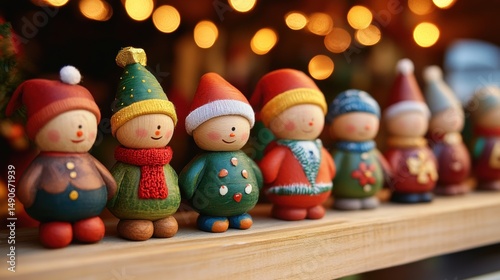 Christmas figurines of wooden elf toys on a shelf with festive blurred lights