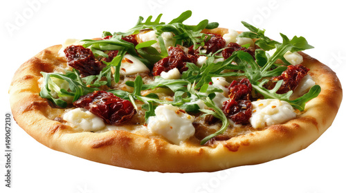 Pizza Culinary Delight: A mouthwatering, photorealistic close-up showcases a gourmet pizza. Dressed with fresh arugula, sun-dried tomatoes, and creamy ricotta cheese on a perfectly baked crust.