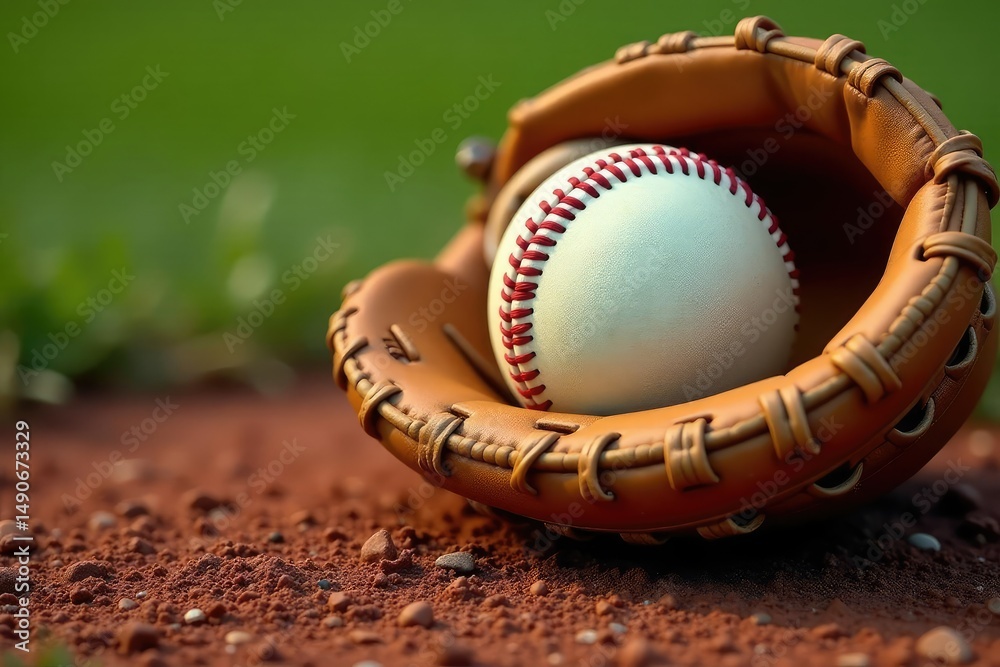 Close-up of a baseball pitcher's glove and ball, ready to throw , victory, field Close-up of a baseball pitcher's glove and ball, ready to throw , victory, field