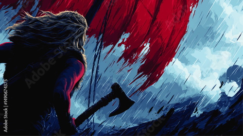 Epic Vector Illustration of Viking Warrior with Axe on Stormy Sea Expedition Adventure Featuring Red Sail Ship Dramatic Sky Historical Norse Mythology Theme Artwork