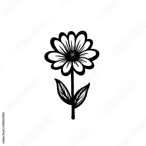 Elegant single botanical illustration of a stylized daisy with detailed petals