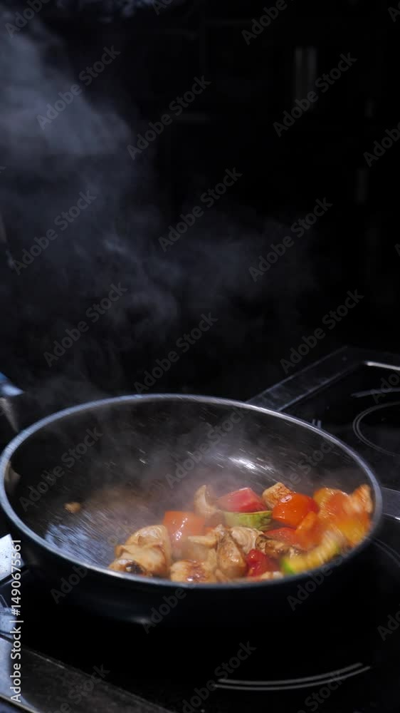 Chef frying vegetables with meat mixing in a frying pan. Chef cooking in the kitchen. Slow motion Chef frying vegetables with meat mixing in a frying pan. Chef cooking in the kitchen. Slow motion