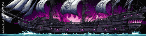 Epic Detailed Vector Illustration of Haunted Pirate Ship Sailing on Mysterious Ocean at Night with Skulls on Sails Glowing Windows Gothic Fantasy Design Background