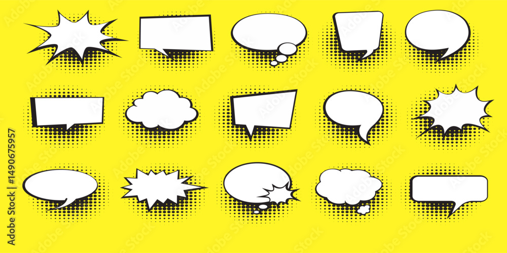 Comic speech bubble background pop-art style. Colorful vector illustration. Bright cartoon comic. Vector illustration isolated on yellow background. Comic speech bubble background pop-art style. Colorful vector illustration. Bright cartoon comic. Vector illustration isolated on yellow background.