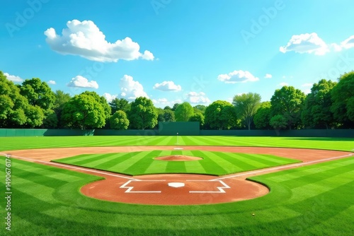 Empty baseball field on a sunny day, green grass and brown dirt Baselines, pitcher's mound visible , traditional, empty, grass