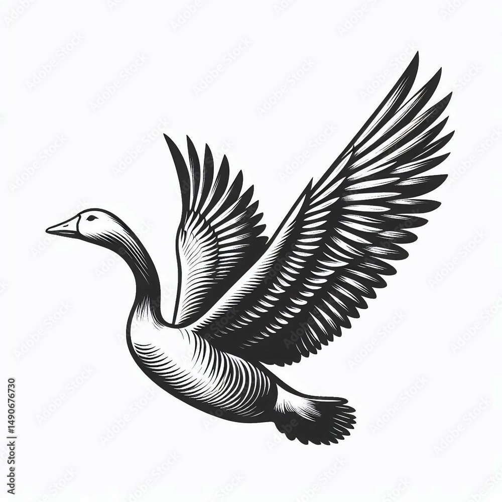 Obraz premium Soaring Goose Engraved Flight on White