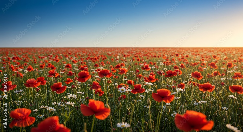 Fototapeta premium Vibrant Poppy Field at Sunset - A breathtaking view of a vast field brimming with vibrant red poppies, interspersed with delicate white flowers, bathed in the warm glow of the setting sun