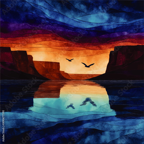 Stunning Vector Illustration of Sunset Canyon Landscape with Soaring Birds Over Calm Water Reflection Vibrant Colors Artistic Nature Scene Ideal for Web Graphic Design