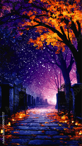 Enchanting Mystical Night Scene of Autumn Cemetery Gate with Pumpkins Lanterns and Colorful Leaves Under Starry Sky Magical Halloween Vector Illustration Background