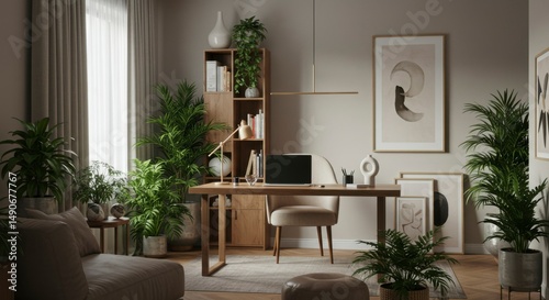 Modern home office with plants and minimalist decor