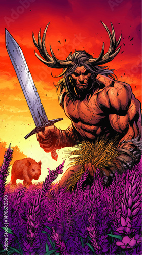 Epic Fantasy Vector Illustration of Muscular Warrior with Sword and Antlers in Purple Flower Field at Sunset with Boar Graphic Novel Style Digital Art Design Concept