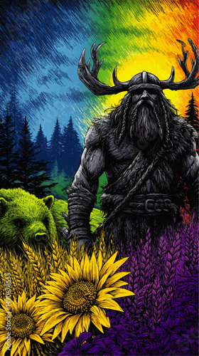 Mystical Viking Warrior with Moose Antlers and Green Bear in Magical Forest Scene Featuring Sunflowers Purple Flora Vibrant Rainbow Fantasy Vector Illustration Art