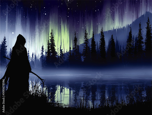 Mystical Fantasy Illustration of Mysterious Hooded Figure with Scythe in Dark Forest Near Lake Reflecting Northern Lights with Stars and Foggy Mountains Vector Image