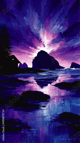 Stunning Vector Illustration of Majestic Purple Sunset Sky with Dramatic Clouds and Radiant Ocean Reflection Rocky Coastline Silhouettes and Cozy Waterfront Cabin View
