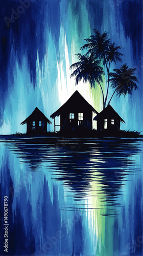 Stunning Vector Illustration of Tropical Island with Palm Trees Silhouetted Huts Vibrant Aurora Sky Reflection on Ocean Ideal for Tranquil Vacation Wallpapers Posters