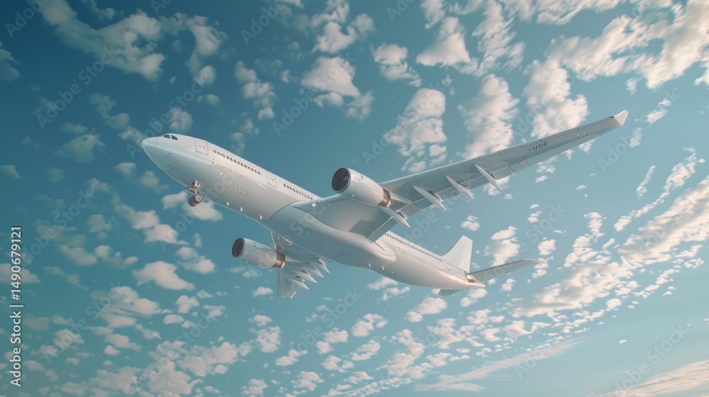 Obraz premium Passenger Jet Ascending Through Cloudy Blue Sky