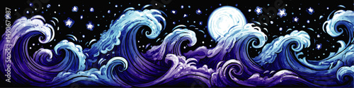 Mesmerizing Vector Illustration of Vibrant Ocean Waves at Night Under Bright Full Moon and Stars Captivating Modern Abstract Artistic Blue Purple Nature Background