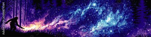 Mystical Vector Illustration of Silhouetted Figure Creating Universe Galaxy Cosmic Stars with Magic in Enchanted Night Forest Fantasy Scene Art Background Graphics