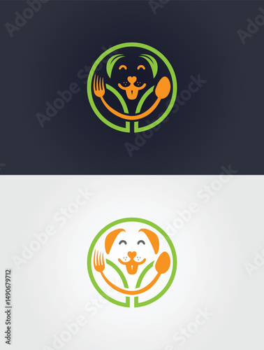Dog food nutrition vector template with fork spoon and circle design for pet food industry logo