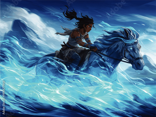 Dynamic Fantasy Illustration of Warrior Woman Riding a Magical Mystical Galloping Horse Through Powerful Blue Ocean Waves and Majestic Misty Mountain Background