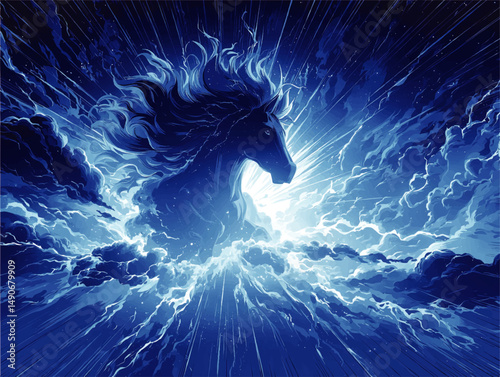 Majestic Mystical Horse Emerging from Dramatic Stormy Clouds with Lightning and Radiant Light in Vibrant Blue Sky Fantasy Illustration Vector Background Art