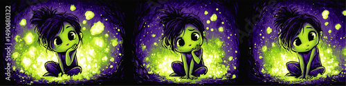 Enchanting Vector Illustration of Cute Lonely Girl Sitting Under Magical Glowing Tree with Fireflies at Night Depicting Emotions and Fantasy Atmosphere for Projects