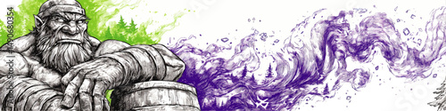 Epic Fantasy Vector Illustration of Mystical Ogre Warrior with Intense Expression Magical Energy Flow Wood Barrel Forest Background Green and Purple Colors Detailed Art