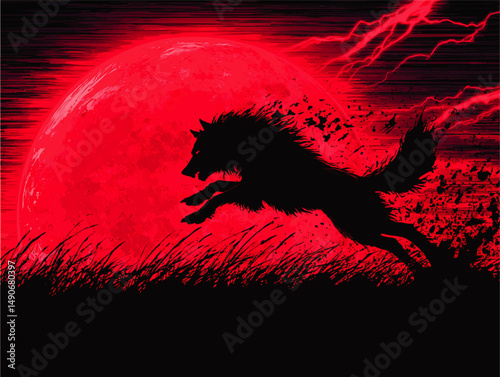 Intense Vector Illustration of Black Wolf Running Under Bright Red Full Moon with Dramatic Lightning Background Ideal for Halloween Horror and Dark Fantasy Designs